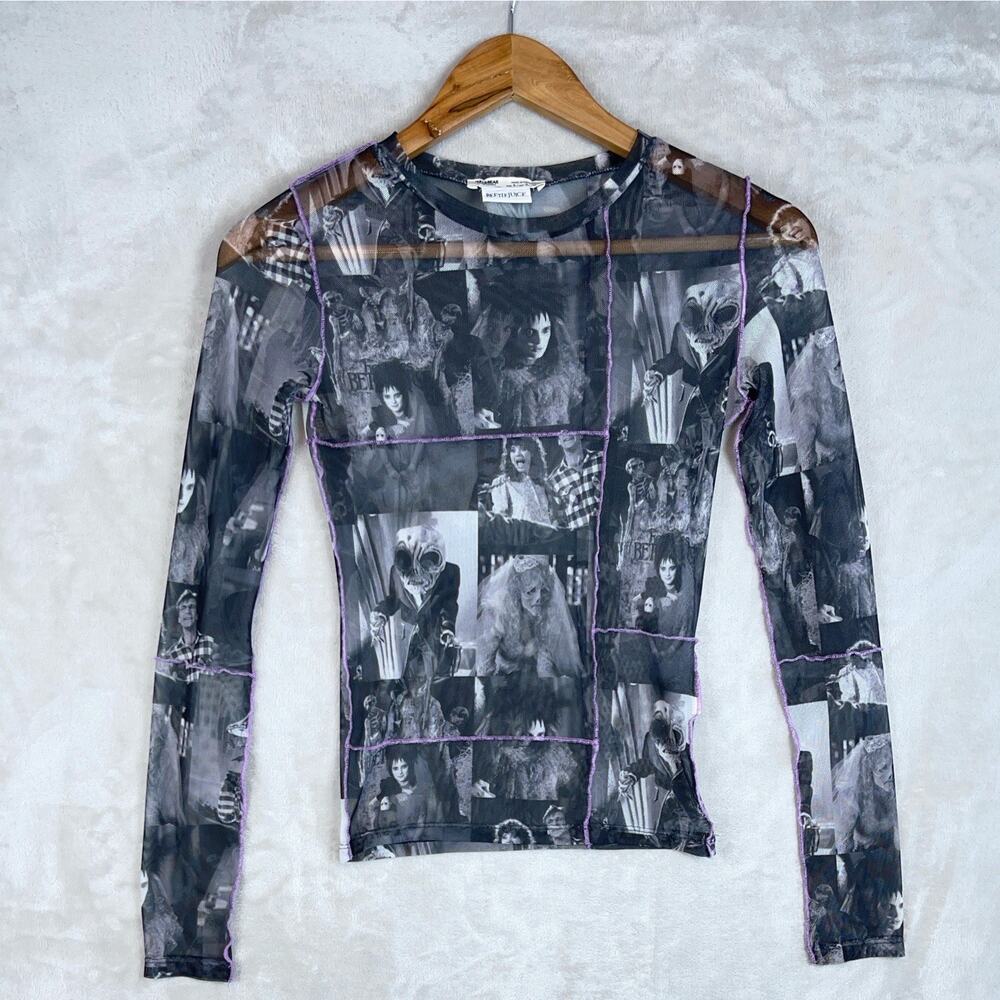 Pull & Bear X Beetlejuice Mesh Semi Sheer Top Small Rare Gothcore Movie Promo